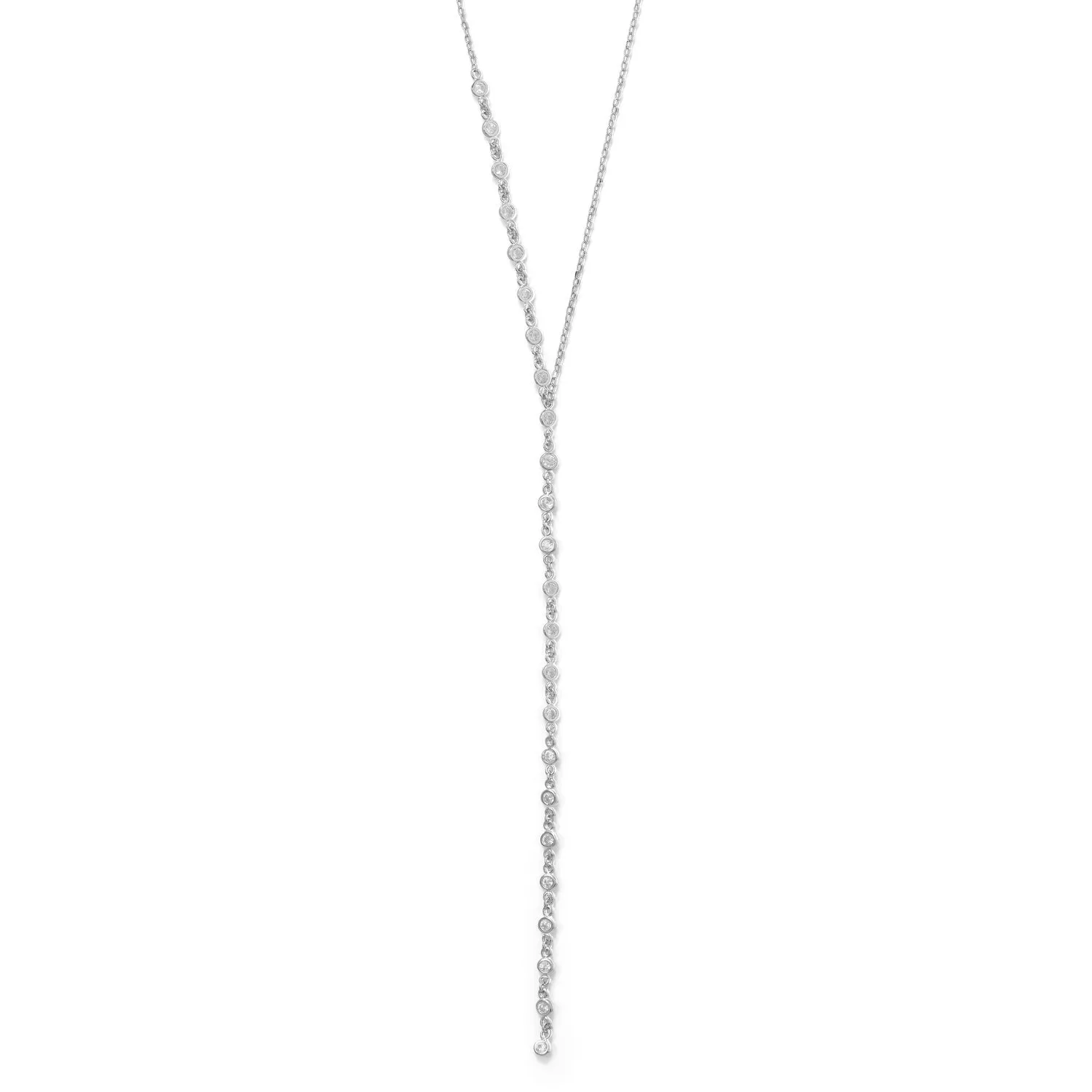 16" 2 Rhodium Plated Bezel CZ Lariat Necklace