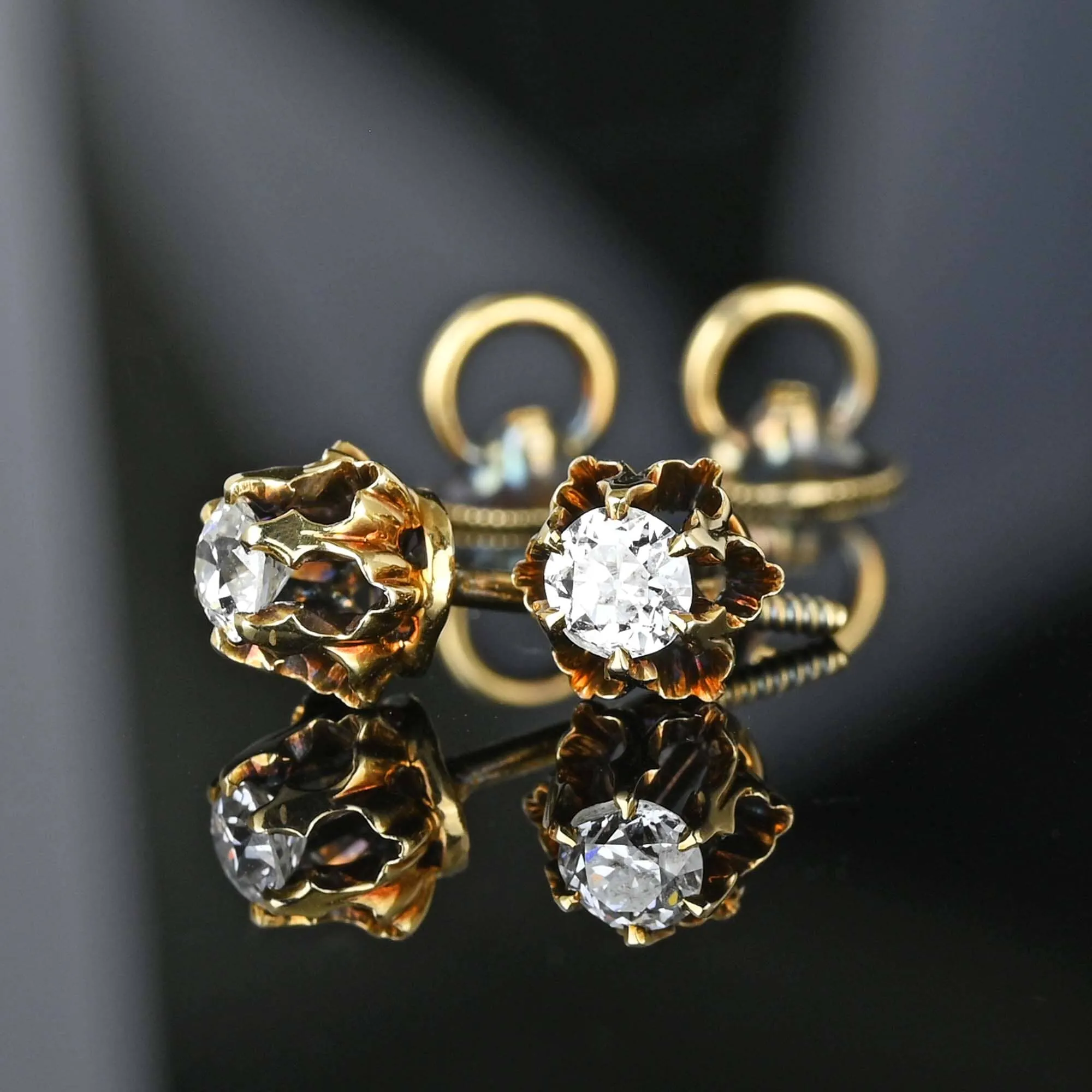 Exquisite Antique 14K Gold European Cut Diamond Stud Earrings - Timeless Vintage Jewelry