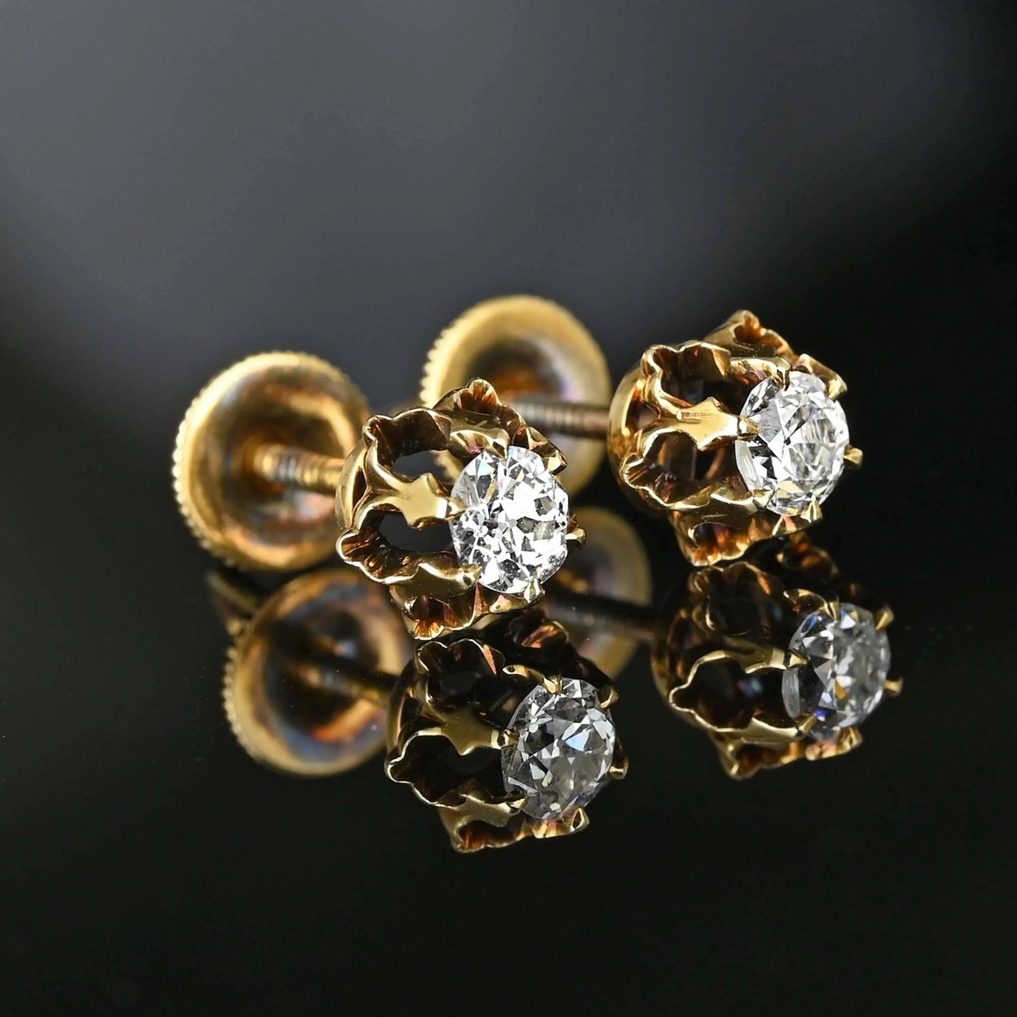 Exquisite Antique 14K Gold European Cut Diamond Stud Earrings - Timeless Vintage Jewelry