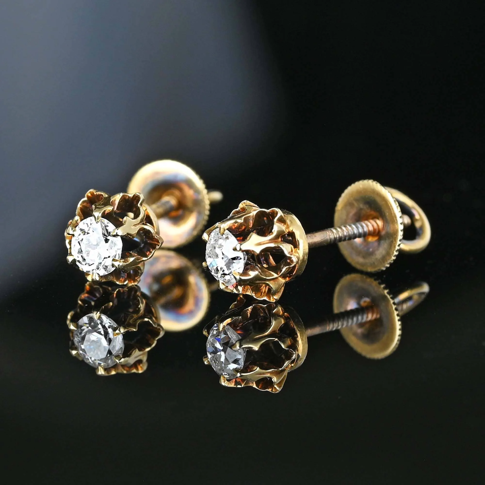 Exquisite Antique 14K Gold European Cut Diamond Stud Earrings - Timeless Vintage Jewelry