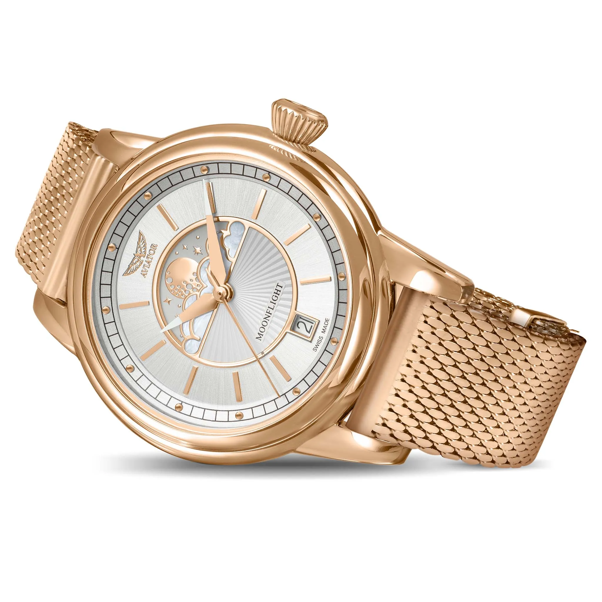 Womens Aviator Swiss Made Watch - White Dial, Milanese Stainless Steel Mesh Band - Model V13322515