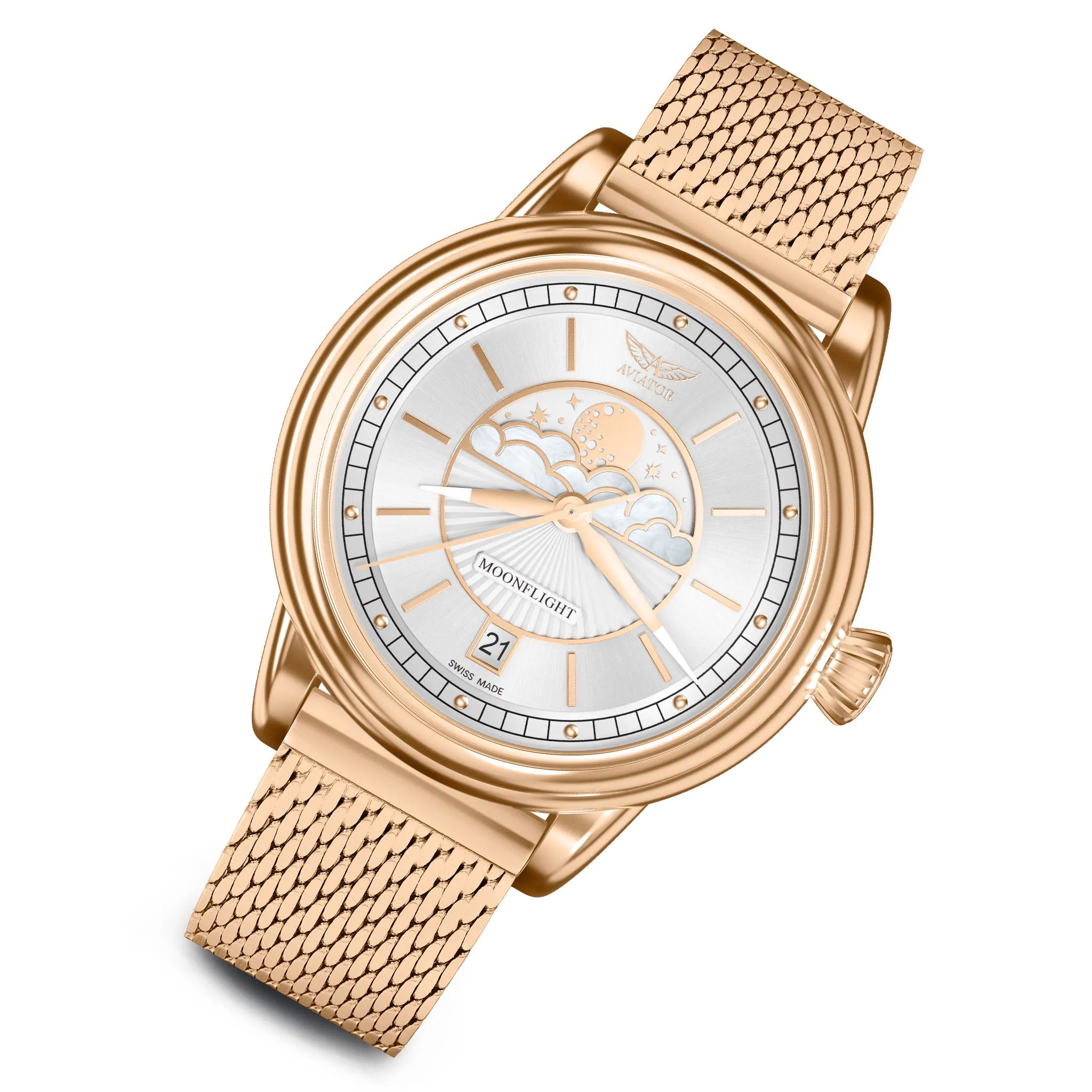 Womens Aviator Swiss Made Watch - White Dial, Milanese Stainless Steel Mesh Band - Model V13322515