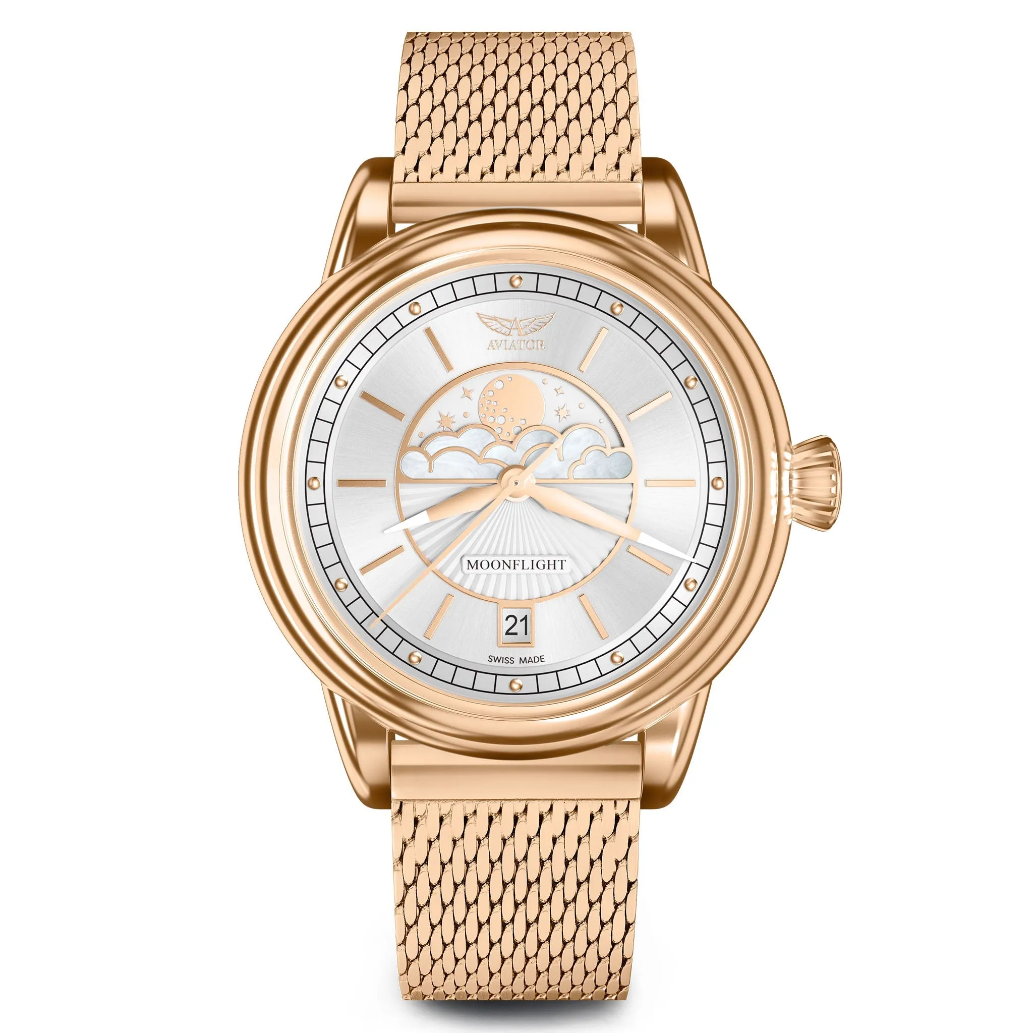 Womens Aviator Swiss Made Watch - White Dial, Milanese Stainless Steel Mesh Band - Model V13322515