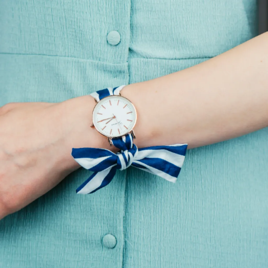Blue Stripe Print Colour Changeable Fabric Strap Wristwatch
