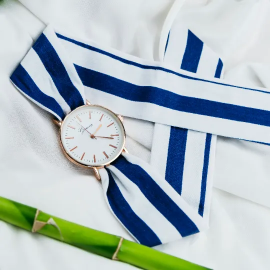 Blue Stripe Print Colour Changeable Fabric Strap Wristwatch