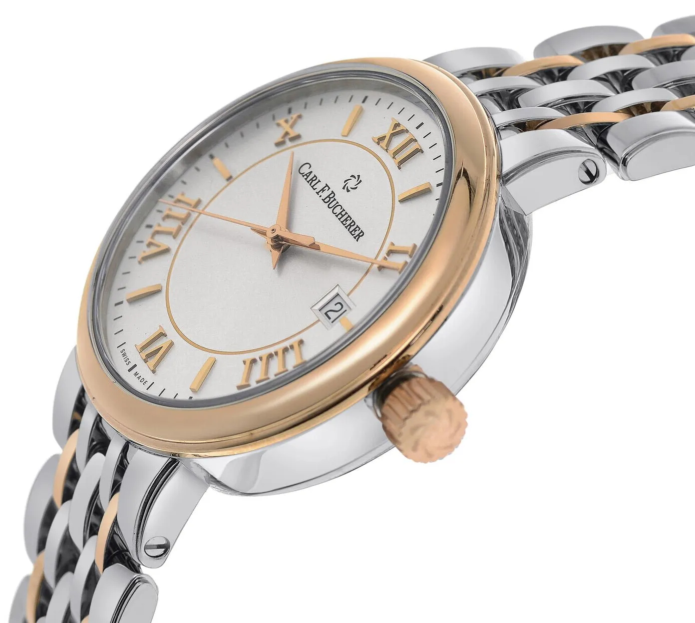 Mens Carl F. Bucherer Adamavi Automatic Watch, Stainless Steel & 18k Rose Gold, Silver Dial, Date Feature, Model 00.10314.07.15.21