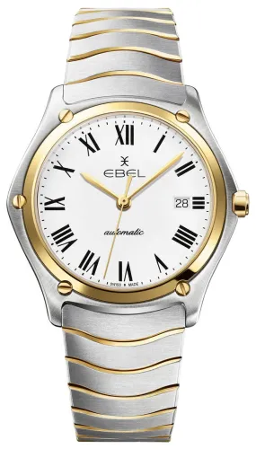 Mens Ebel Sport Classic Automatic Watch - 18K Yellow Gold and Stainless Steel with White Dial and Date Feature - Model 1216614