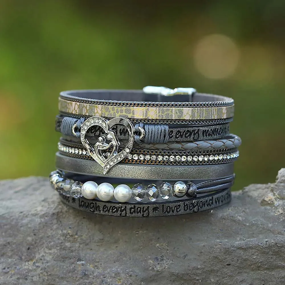 'Inspired Heart' Rhinestones and Beads Bracelet - grey