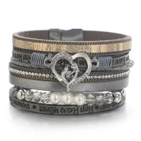 'Inspired Heart' Rhinestones and Beads Bracelet - grey