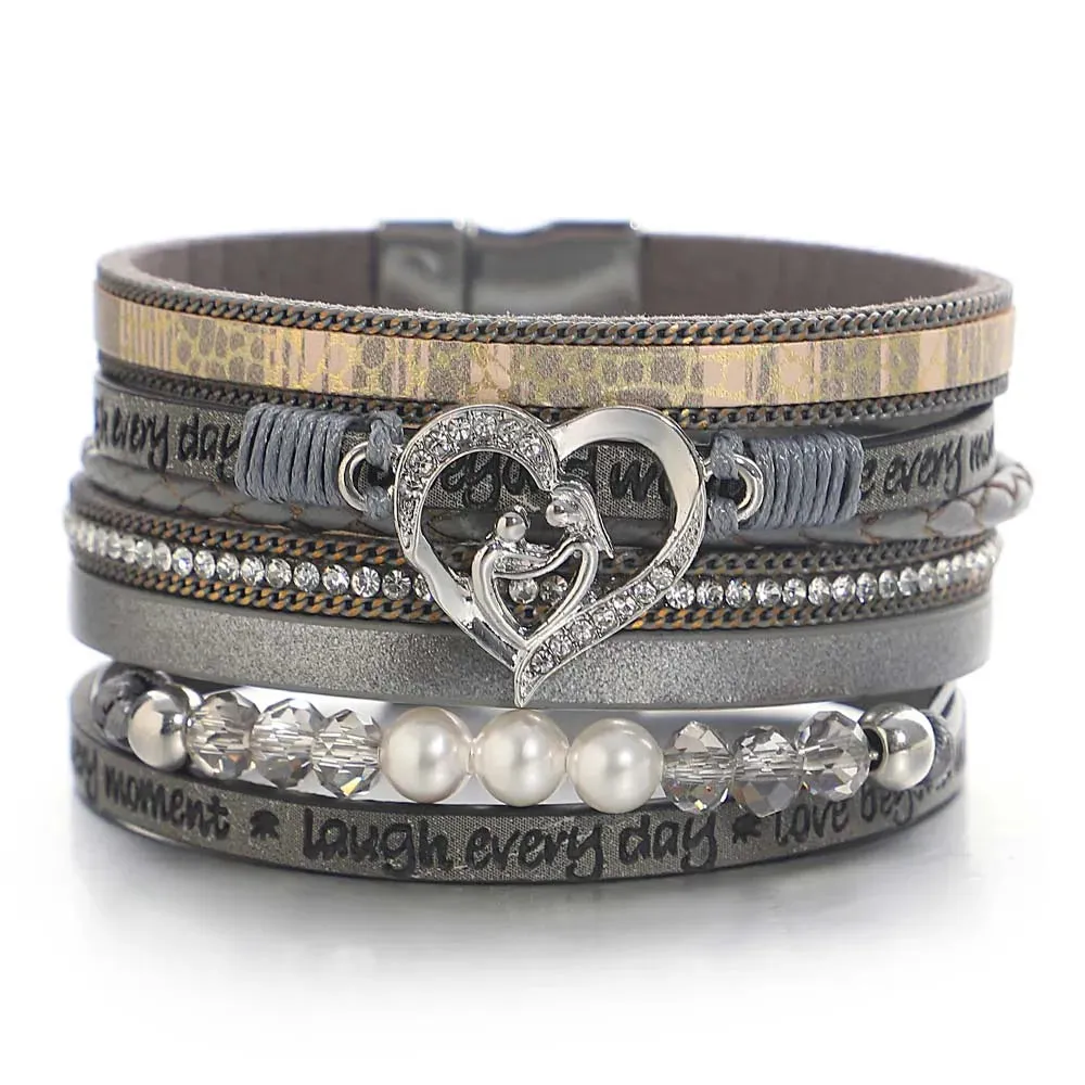 'Inspired Heart' Rhinestones and Beads Bracelet - grey
