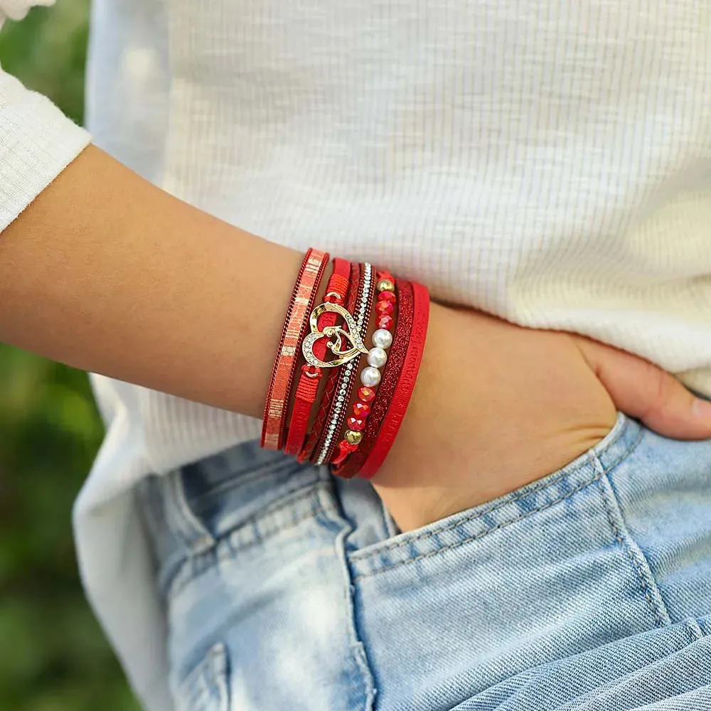 'Inspired Heart' Rhinestones and Beads Bracelet - red