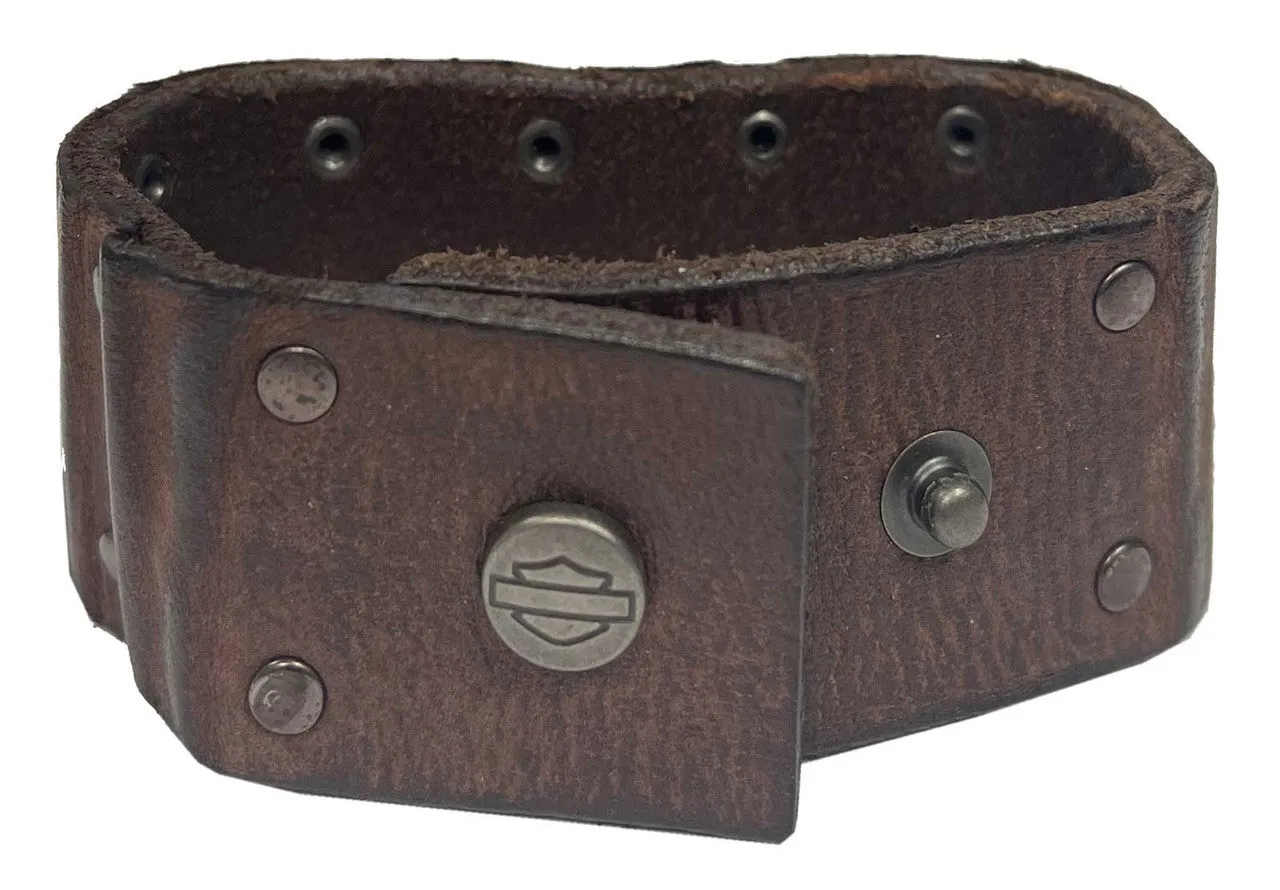 Men's Studded Ribbed Leather Cuff Bracelet Adjustable Wristband, Brown