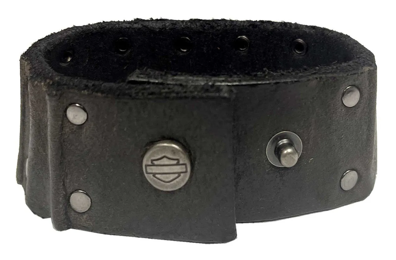 Ribbed Studded Leather Cuff Bracelet Adjustable Wristband, Black