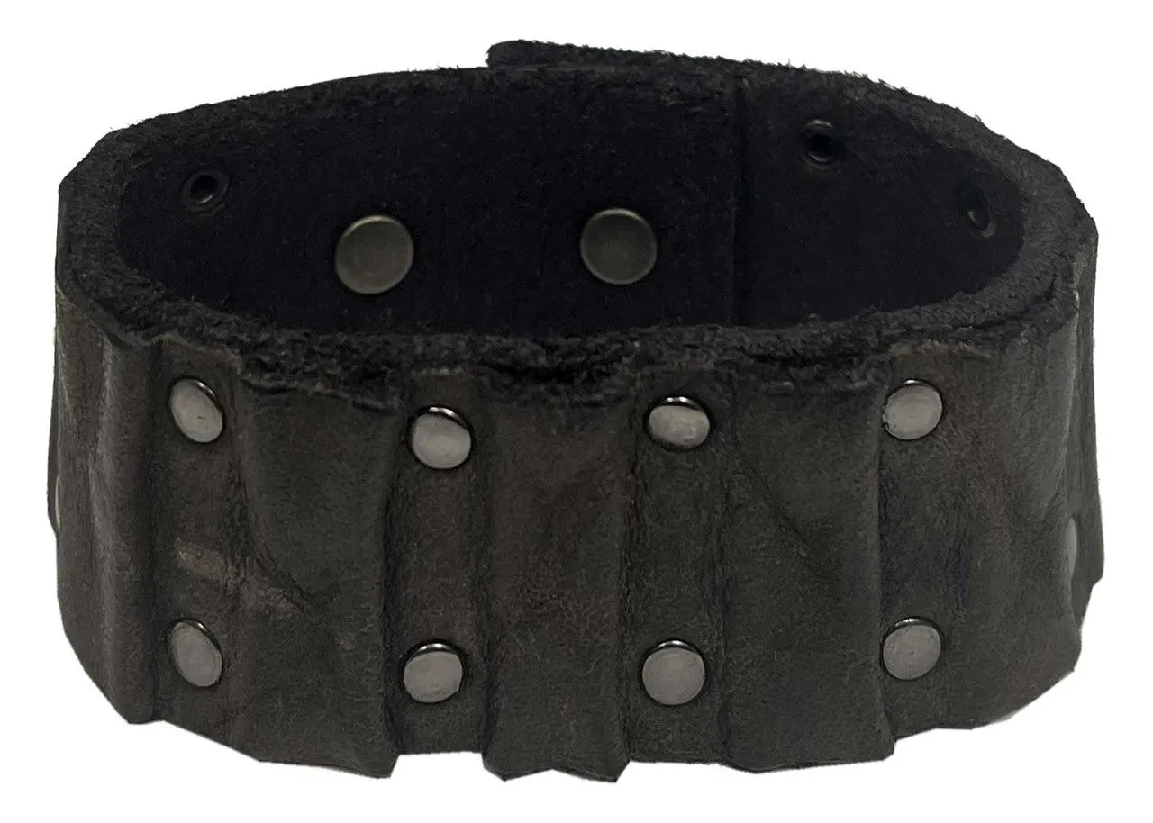 Ribbed Studded Leather Cuff Bracelet Adjustable Wristband, Black