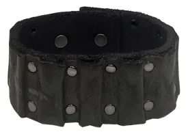 Ribbed Studded Leather Cuff Bracelet Adjustable Wristband, Black