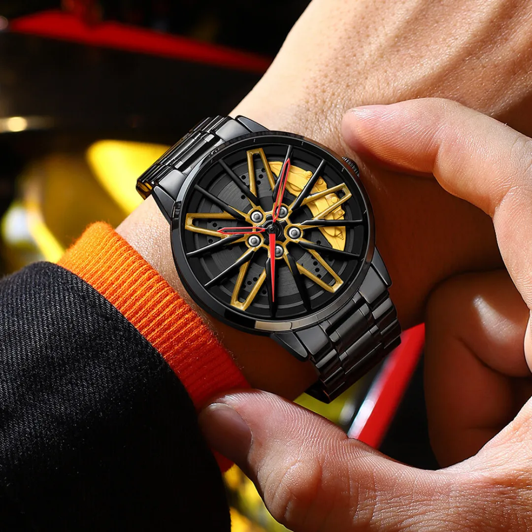 Stainless Steel Wheel Quartz Wristwatch