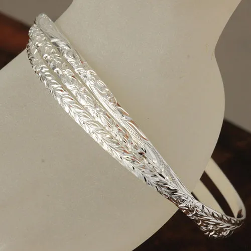 Sterling Silver 3 in 1 Hawaiian Scroll/Maile Leaf/Plumeria Bangle