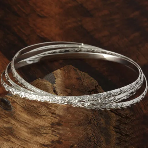 Sterling Silver 3 in 1 Hawaiian Scroll/Maile Leaf/Plumeria Bangle