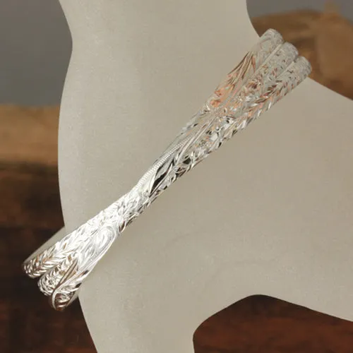 Sterling Silver 3 in 1 Hawaiian Scroll/Maile Leaf/Plumeria Bangle