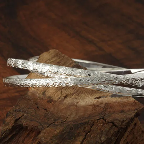 Sterling Silver 3 in 1 Hawaiian Scroll/Maile Leaf/Plumeria Bangle