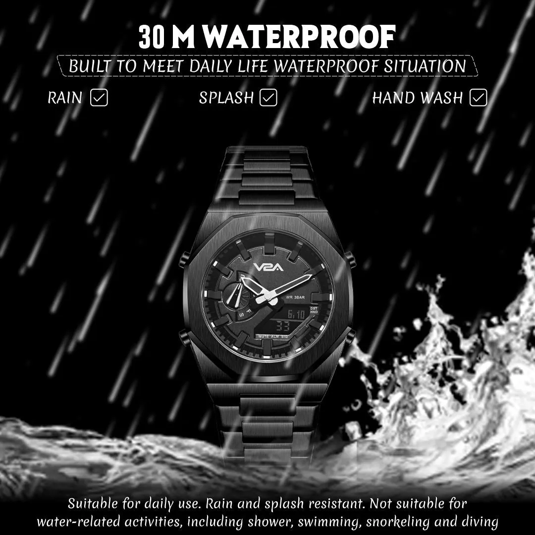V2A Allure Mens Multifunctional Watch - Analogue-Digital Display, Alloy Case, Stainless Steel Band, 30M Water Resistance, 5 Alarms, World Time, Countdown Timer, Stopwatch | Ideal Birthday Gift