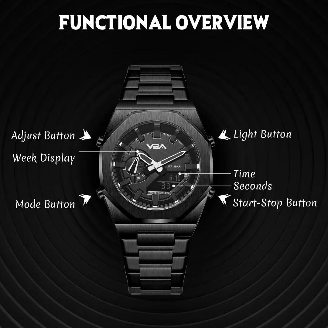 V2A Allure Mens Multifunctional Watch - Analogue-Digital Display, Alloy Case, Stainless Steel Band, 30M Water Resistance, 5 Alarms, World Time, Countdown Timer, Stopwatch | Ideal Birthday Gift