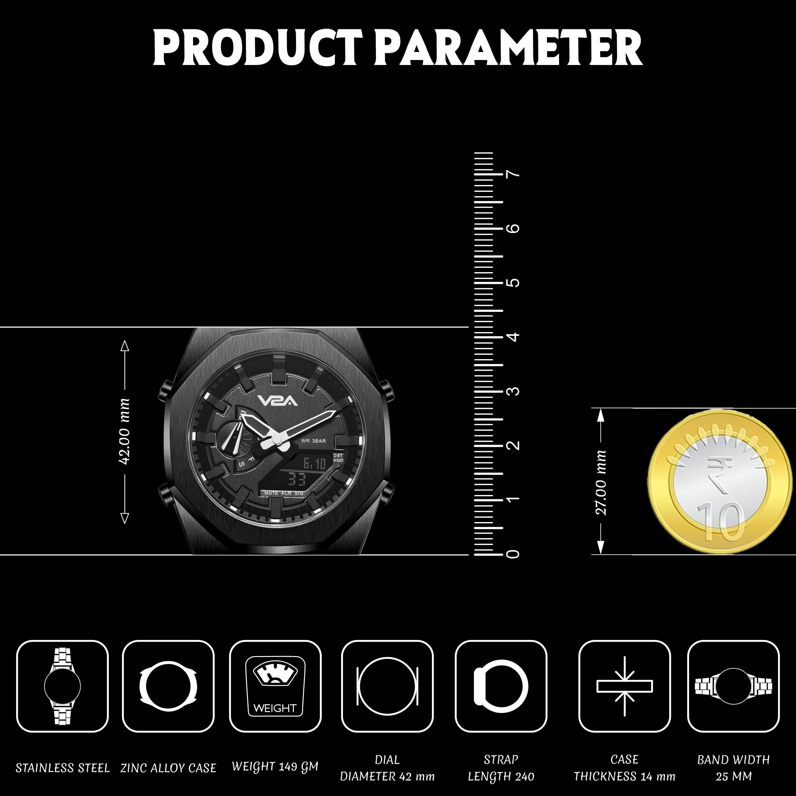 V2A Allure Mens Multifunctional Watch - Analogue-Digital Display, Alloy Case, Stainless Steel Band, 30M Water Resistance, 5 Alarms, World Time, Countdown Timer, Stopwatch | Ideal Birthday Gift