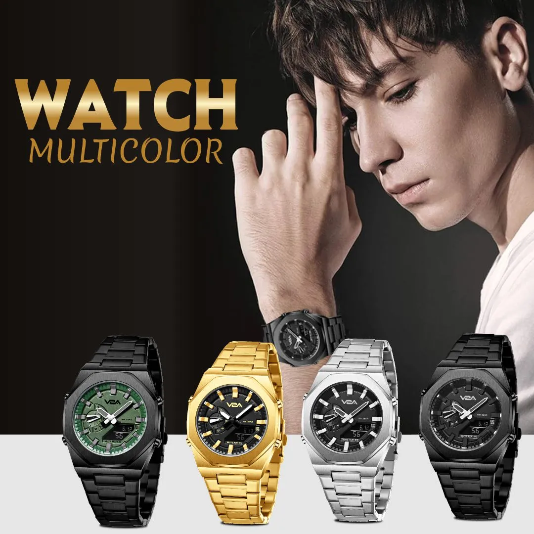 V2A Allure Mens Multifunctional Watch - Analogue-Digital Display, Alloy Case, Stainless Steel Band, 30M Water Resistance, 5 Alarms, World Time, Countdown Timer, Stopwatch | Ideal Birthday Gift