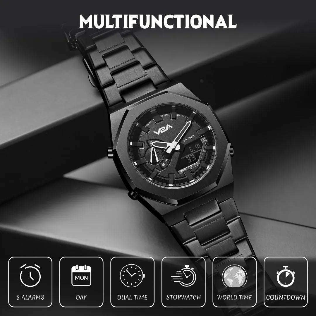 V2A Allure Mens Multifunctional Watch - Analogue-Digital Display, Alloy Case, Stainless Steel Band, 30M Water Resistance, 5 Alarms, World Time, Countdown Timer, Stopwatch | Ideal Birthday Gift