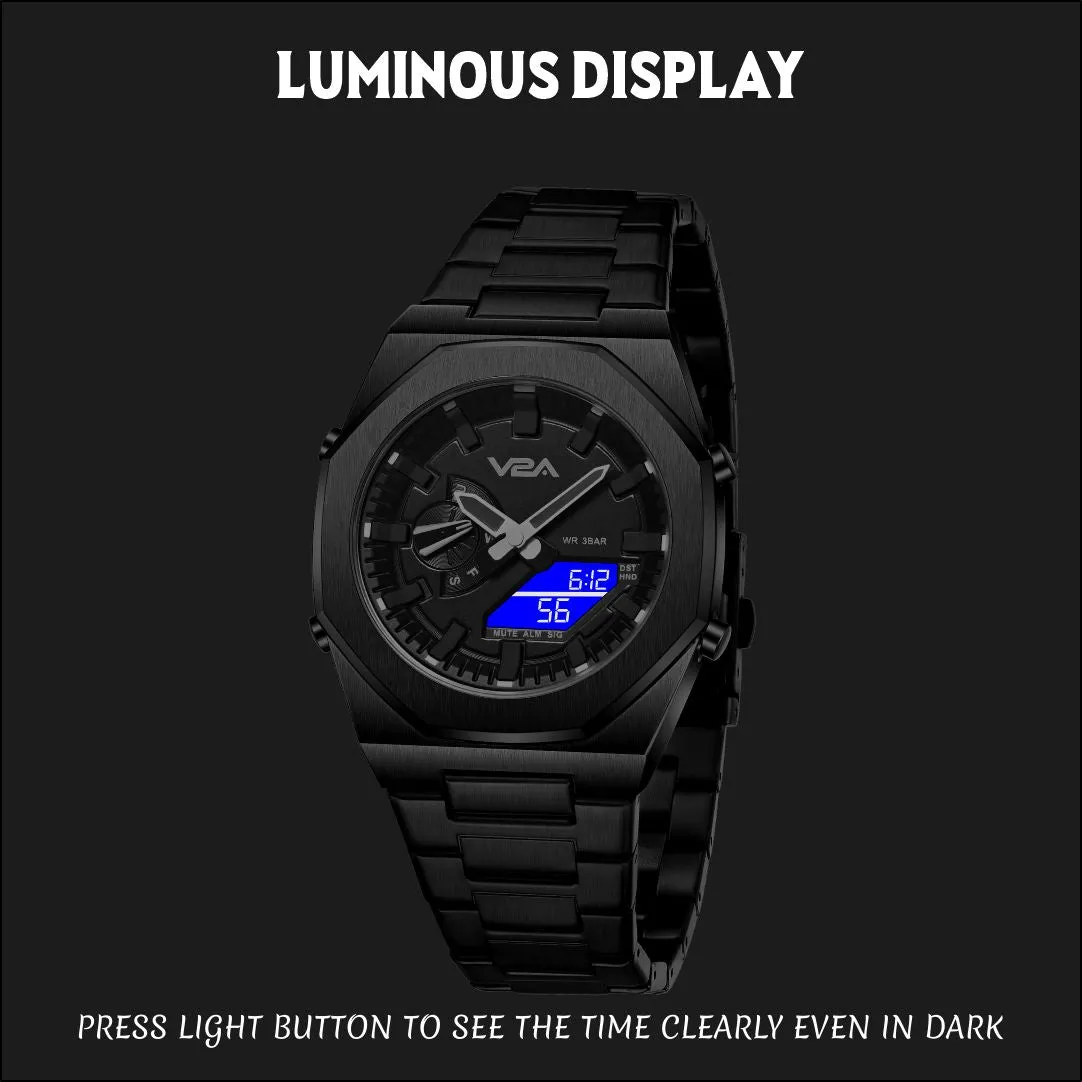 V2A Allure Mens Multifunctional Watch - Analogue-Digital Display, Alloy Case, Stainless Steel Band, 30M Water Resistance, 5 Alarms, World Time, Countdown Timer, Stopwatch | Ideal Birthday Gift